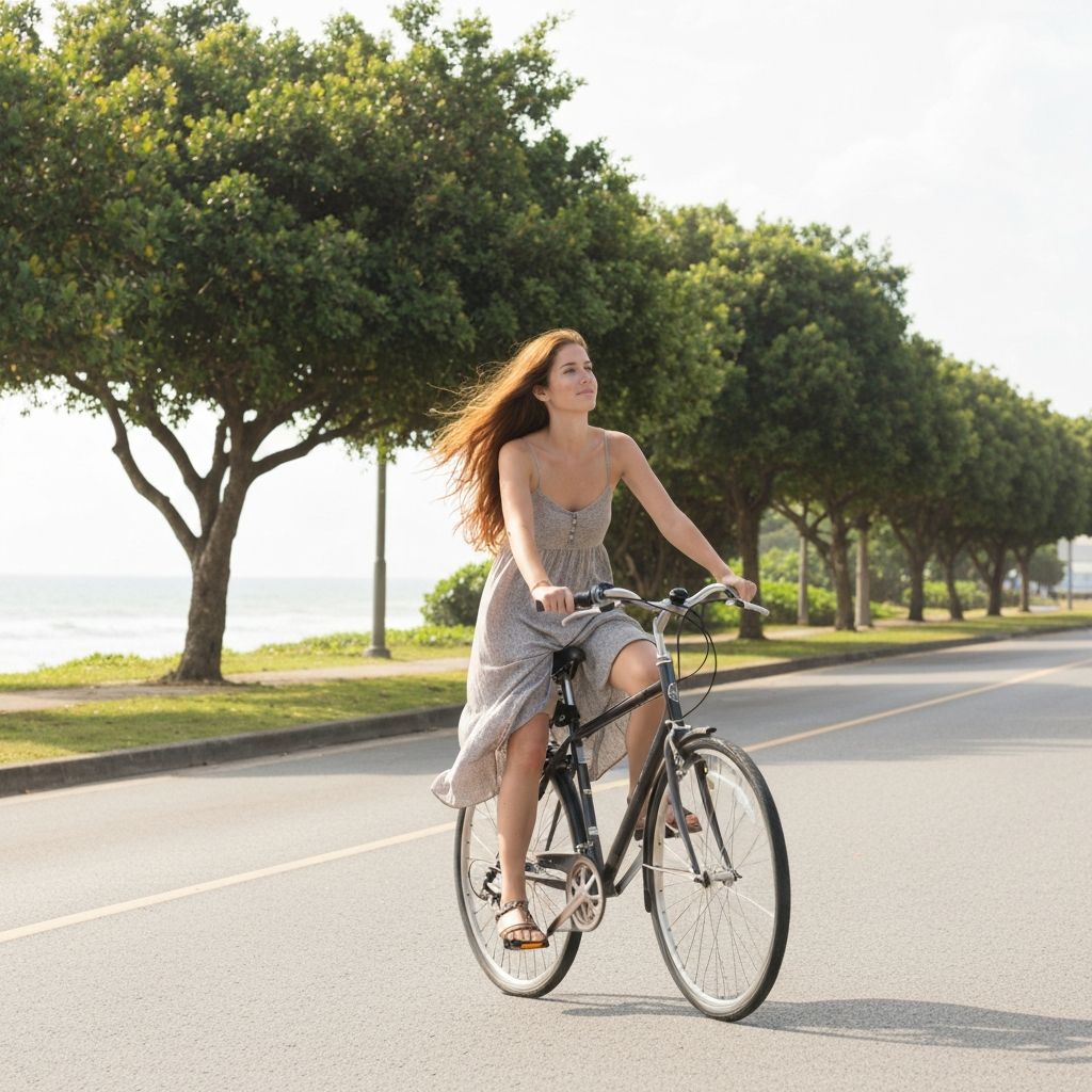 Osoba mirno vozi bicikl kroz sunčanu okolicu